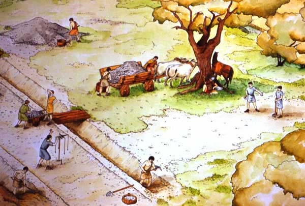 Ipotesti riscostruttiva di un cantiere stradale romano (disegno di Nicoletta Raggi)